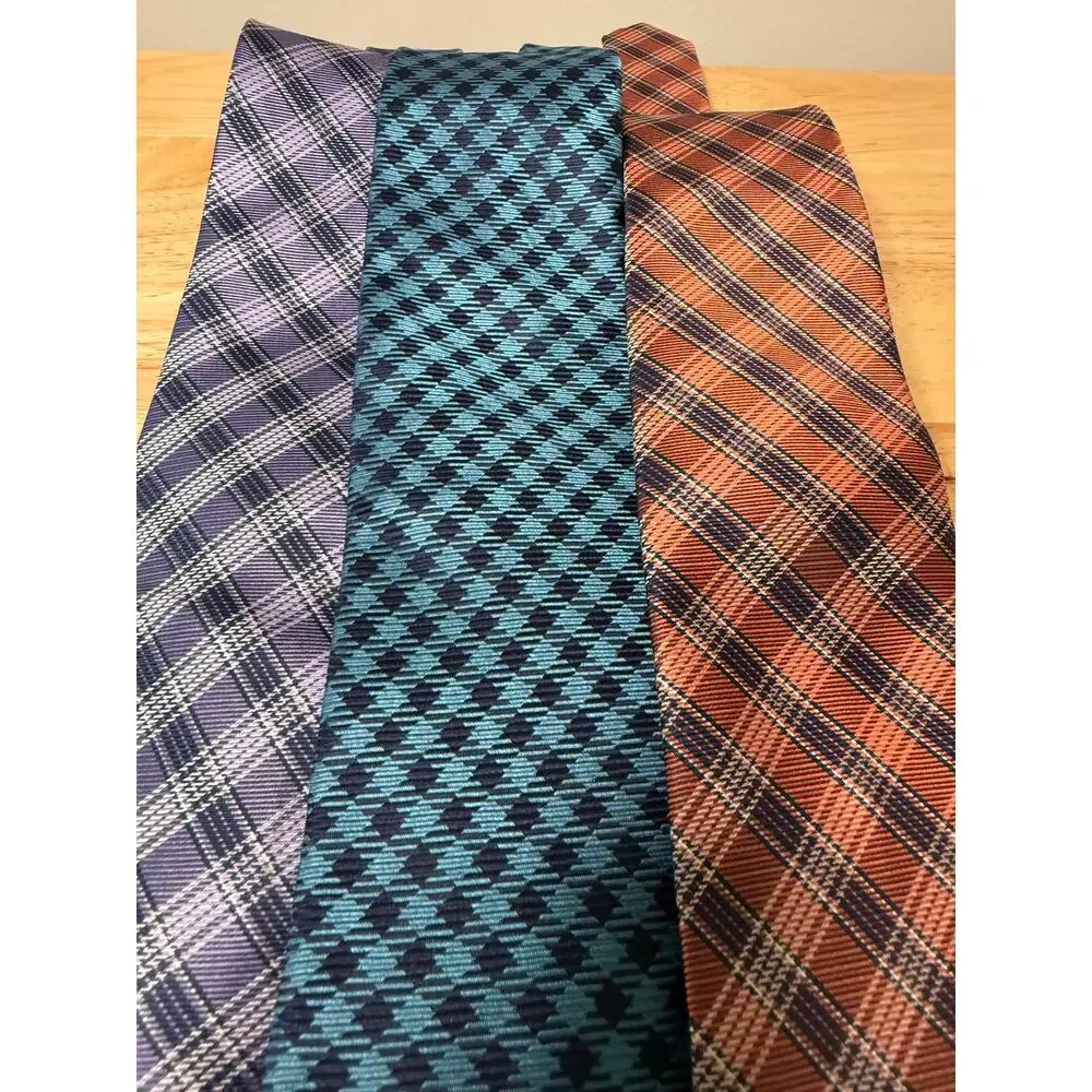 Set of 3 IZOD Men's Silk Neck Ties Purple Teal and Orange Plaids JL